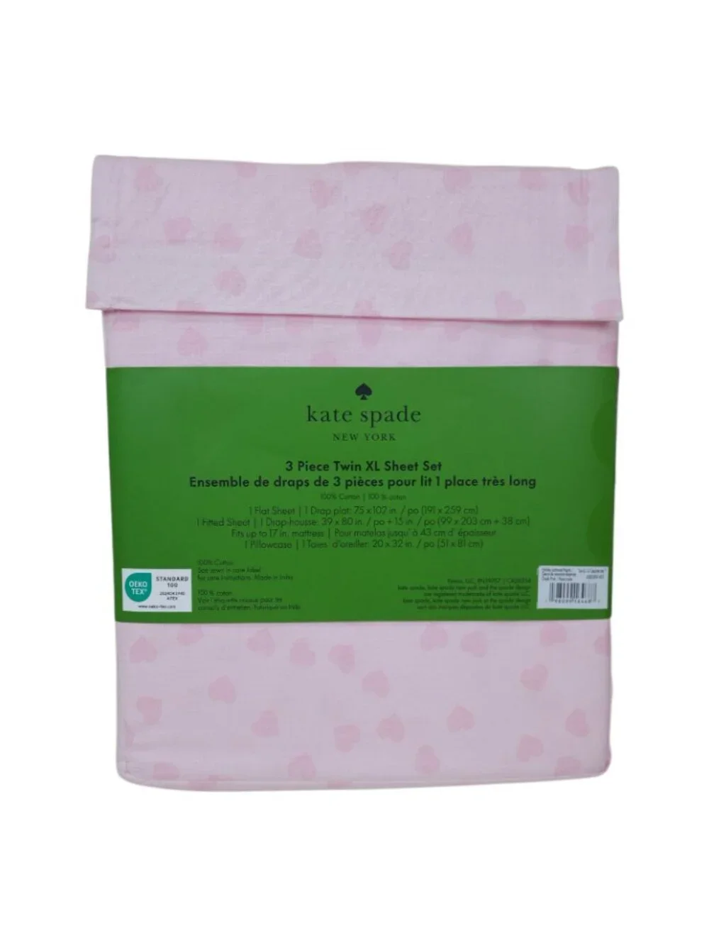 Kate Spade New York 3 Piece Twin XL Sheet Set Pink Hearts 100% Cotton